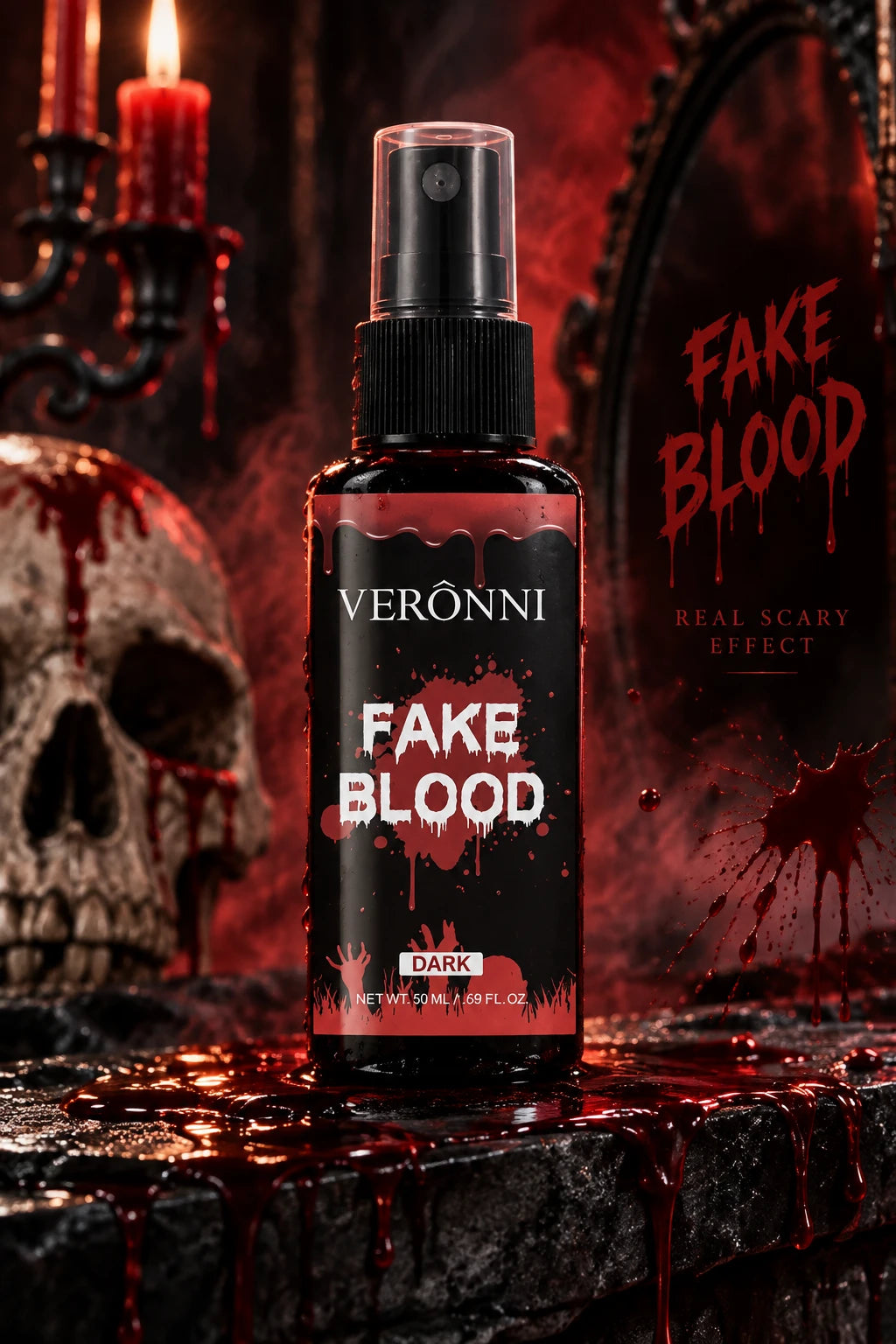 HALLOWAY Halloween Fake Blood Spray 50ml bottle on dark Halloween backdrop